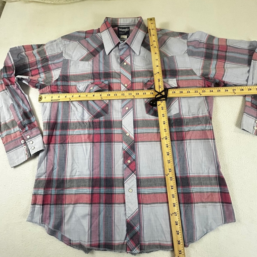 Wrangler Cowboy Cut Western Shirt Mens 17-35 Grey Pink Plaid Pearl Snap 71125AA - Picture 3 of 10
